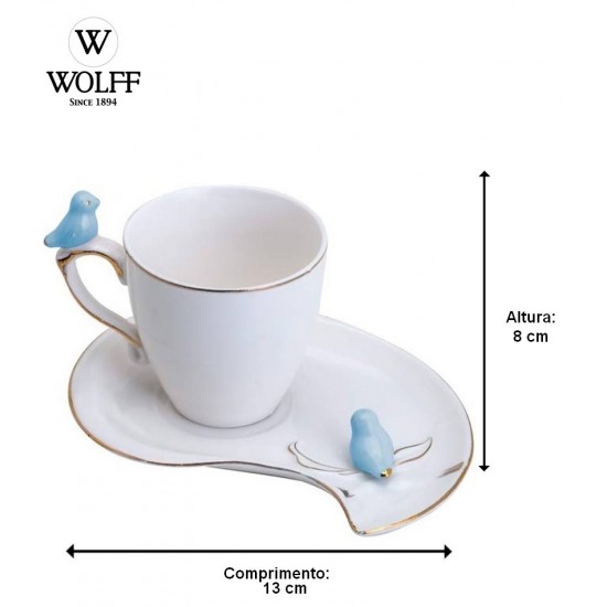 Xicara 90ml Café Porcelana Cute Birds Azul Design Plate